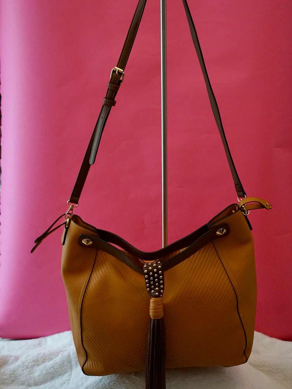 Mustard Yellow Chevron Vegan Leather Hobo Bag Studded Tassel Shoulder Bag